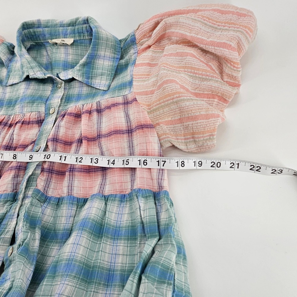 Entro Pastel Plaid Patchwork Babydoll Mini Dress Puff Sleeve Fairy Festival Med - Picture 4 of 8